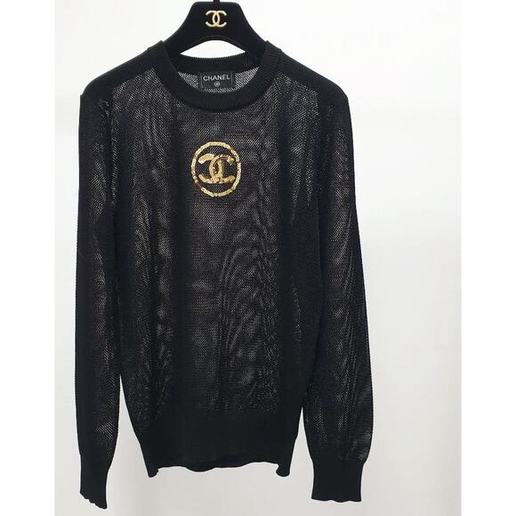 Chanel Black CC Logo Jumper with Net Sleeves - Size S - Picture 1 of 6